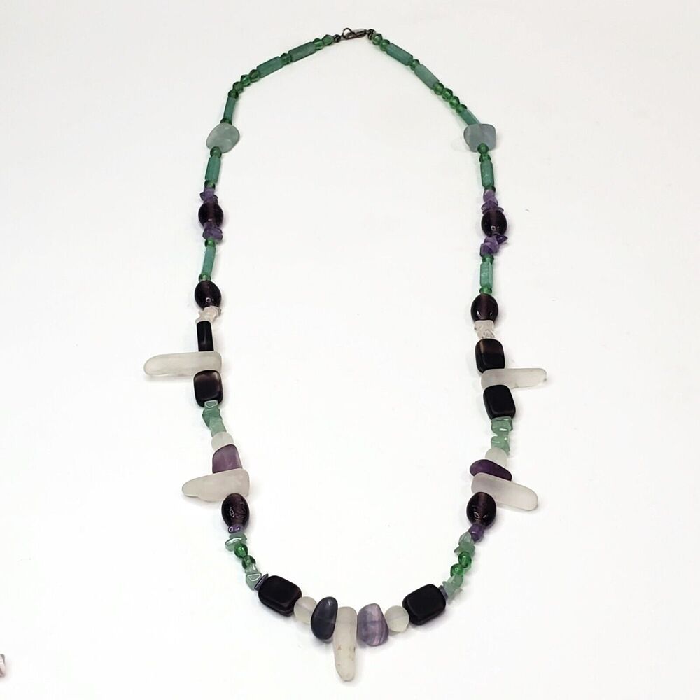 Aventurine Amethyst & Sea Glass Bead Necklace With Sterling Silver Clasp 27"